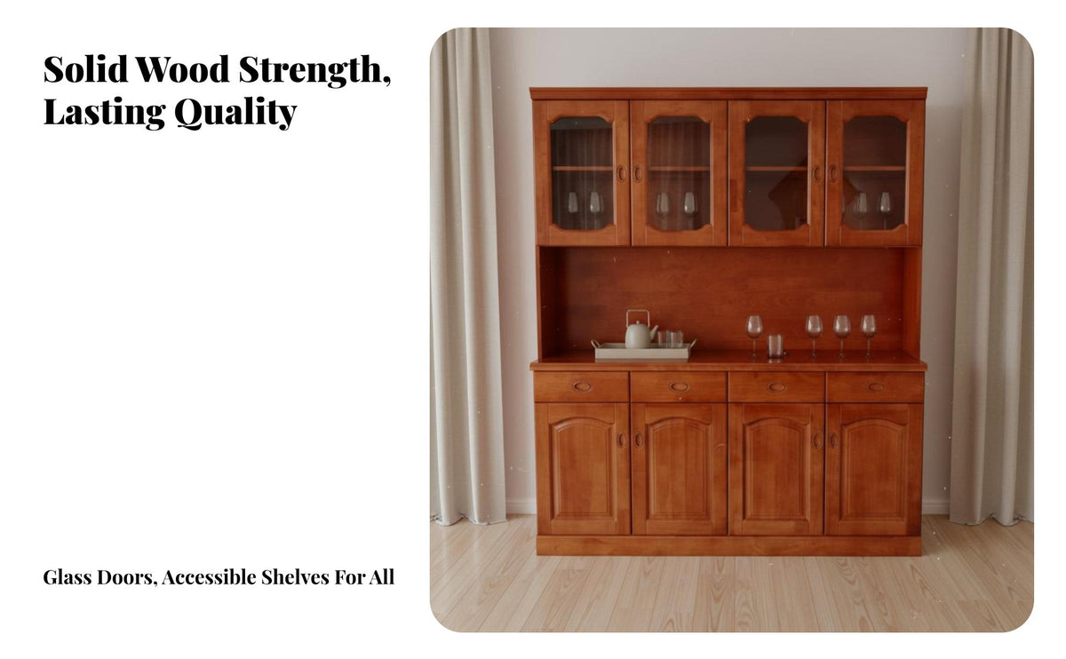 Multi-Functional Buffet Cabinet with Wine Rack Sturdy Construction Chinese Design Tea Cabinet Long-Lasting Solid Wood Dining Hutch Tempered Glass Doors for Families, Homeowners, Apartment Dwellers, Kitchen