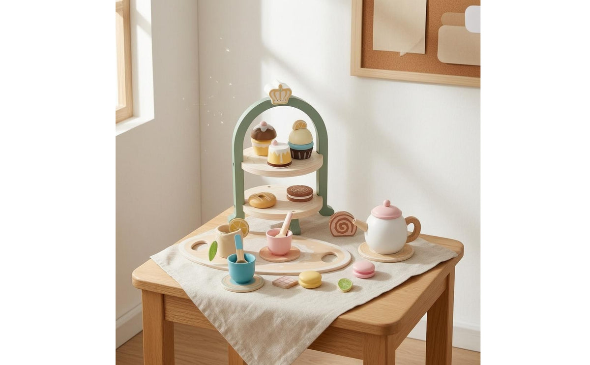 Wooden Afternoon Tea Toy Pastel Tabletop Play Toy Wood Playset for 36 Months and Up