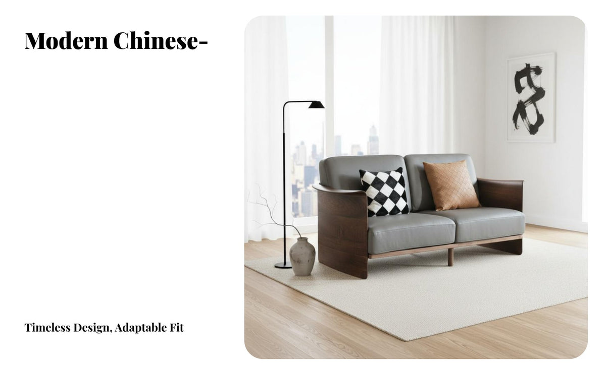 3-Seater Wooden Settee real leather Upholstery 3-Person Upholstered Couch New Chinese Design Sofa for residents, Living Room, study alcove, Office