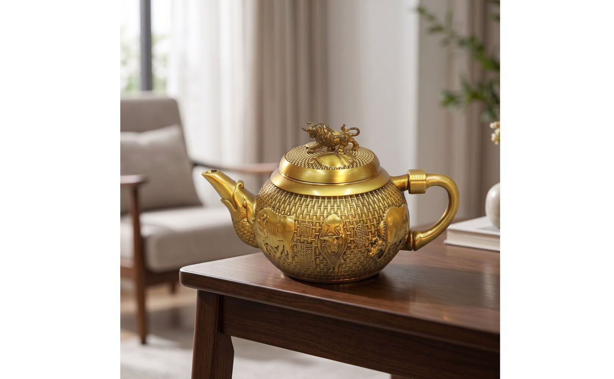 Brass Teapot Ornament Decorative Teapot with Bull Figure Textured Tea Ornament for Living Room