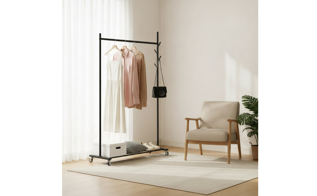 Freestanding Single Rod Clothes Rack Compact Clothes Rack with Wheels Heavy Duty Furniture Sturdy for Laundry Room, Apartment