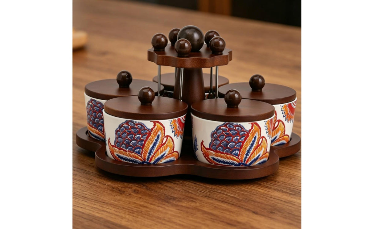Rotating Snack Serving Tray With Lids 5 Compartment snack dish Compartmentalized Design Ceramic Condiment Server Set for Living Room, Afternoon Tea
