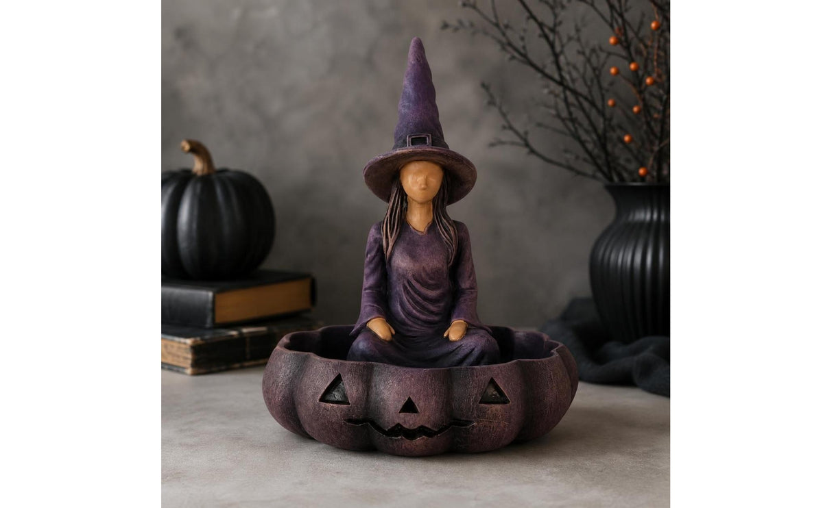 Spooky Pumpkin Bowl with Witch Decorative Witch Storage Container Cute Halloween Candy Dish Compact for Goth Decor Lovers, Witchcraft Fans, Entryway Table, Office Desk
