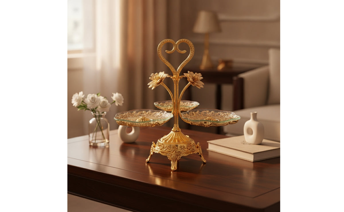 Fruit Stand with Glass Trays Elegant Dessert Stand with Metal Frame Ornate Dessert Stand Gold Heart-Shaped Tray Decorative