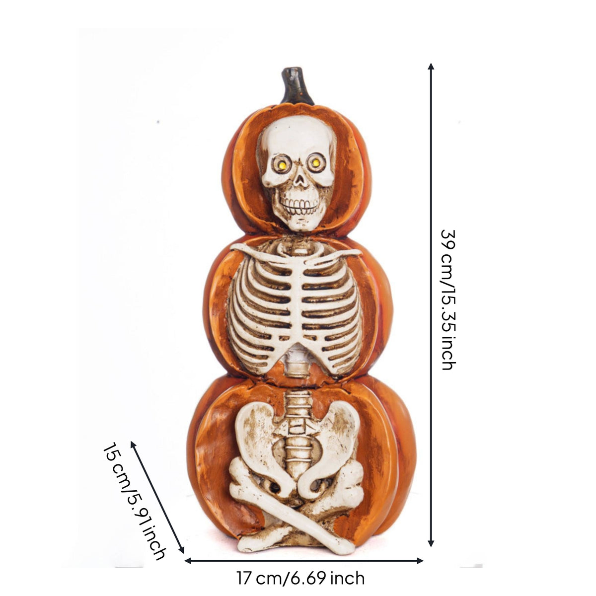 Traditional Orange Stacked Skeleton Pumpkin Figurine Powered Tabletop Ornament
