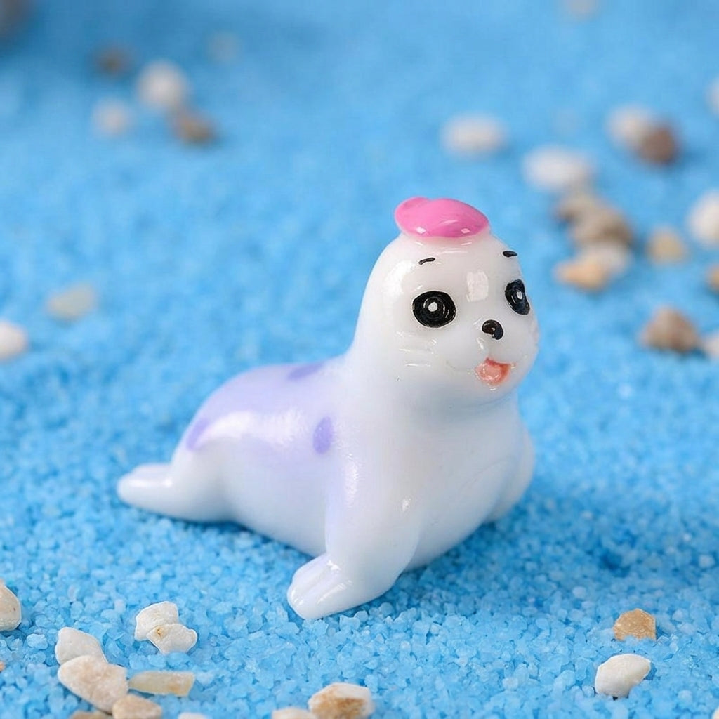 Sea Lion Desk Decor, Mini Resin Animals Ocean Animal Desk Decor, White and Lavender Miniature Figurine, Asian Inspired Desktop Decoration