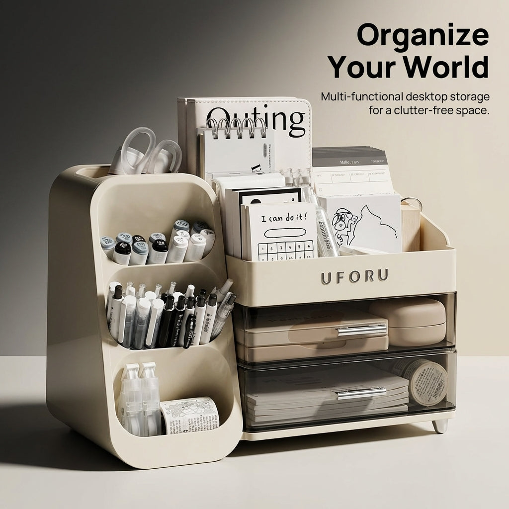 Desk Organizer with Drawer and Angled Pen Holder, Office for Study Multifunctional Storage Box for Students