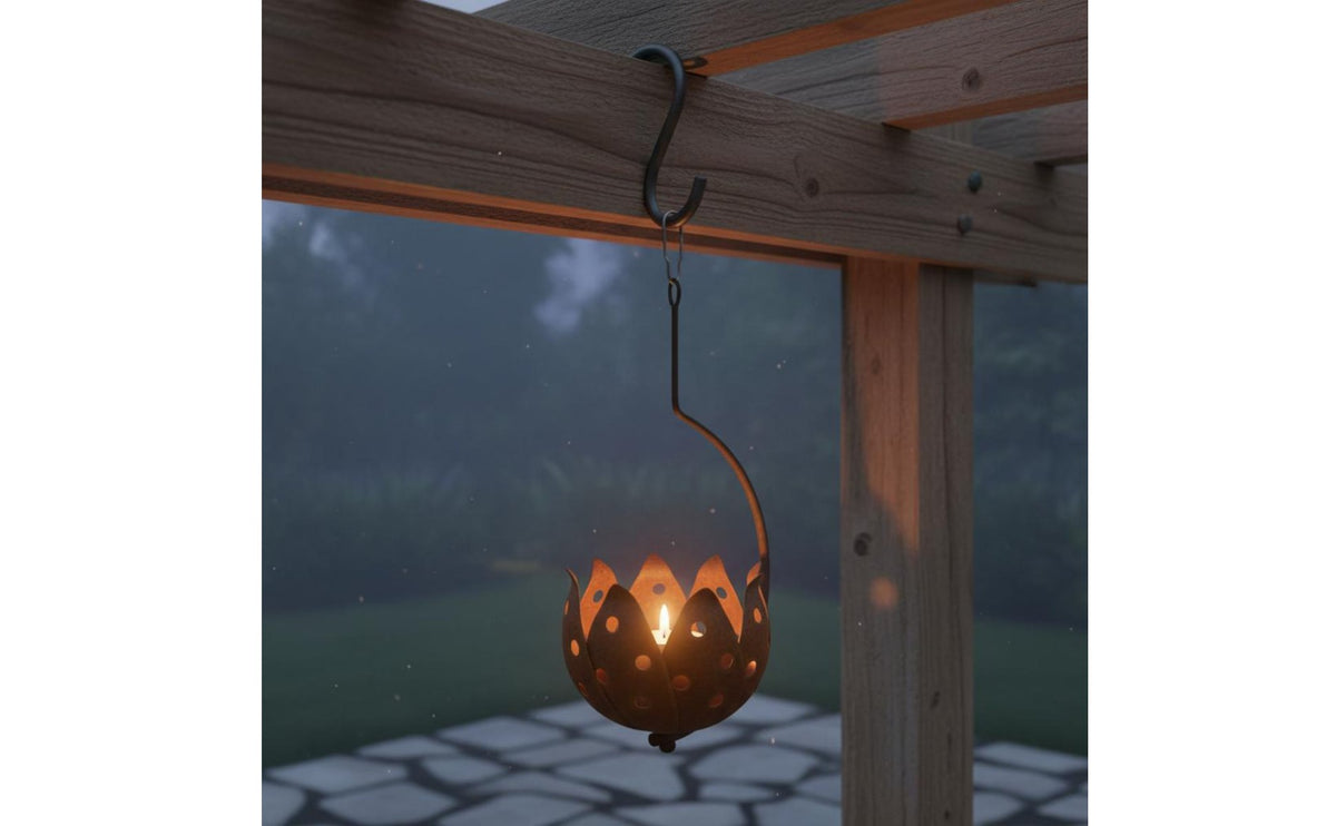 Rustic Design Hanging Blossom Candle Lantern Weathered Metal Flower Candle Holder Wrought Iron Lotus Candlestick for Patio