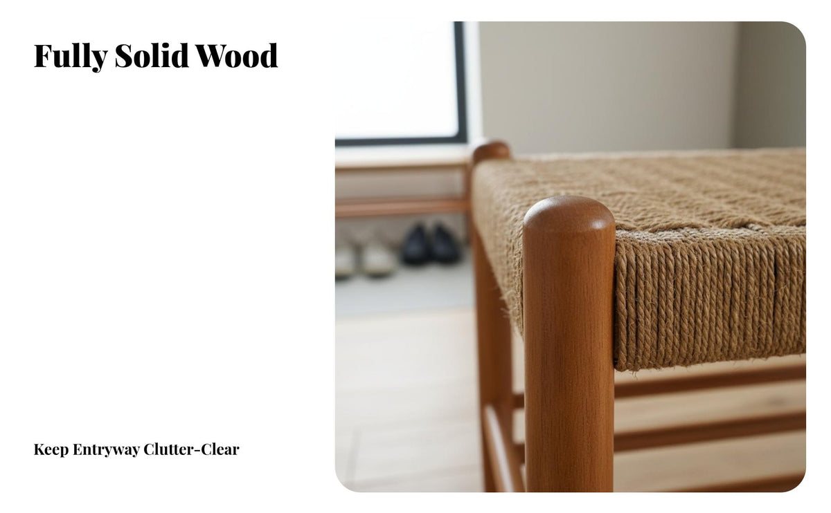 Minimalist Design Woven Seat Entryway Stool Sturdy & Stable Nordic Design Long Stool Space-Saving Solid Wood Entryway Bench Accessible Storage Shelf for Homeowners, Families, Apartment Dwellers, Hallway, Mudroom, Fitting Room, Bedroom