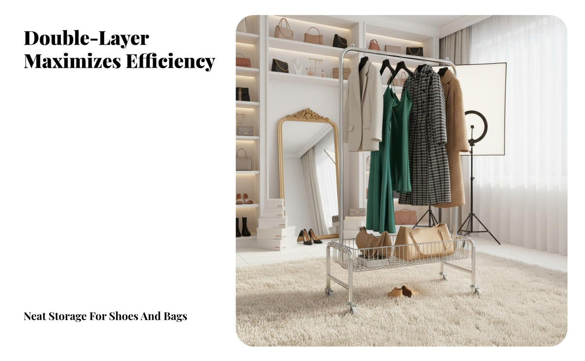 On Wheels Mobile Garment Stand Large Capacity Freestanding Garment Rack Easy Assembly Rolling Clothes Rack Heavy Duty for Retail Shop Owners, Apartment Dwellers, Homeowners, Small Areas, Bedroom, Dorm Room, Entryway