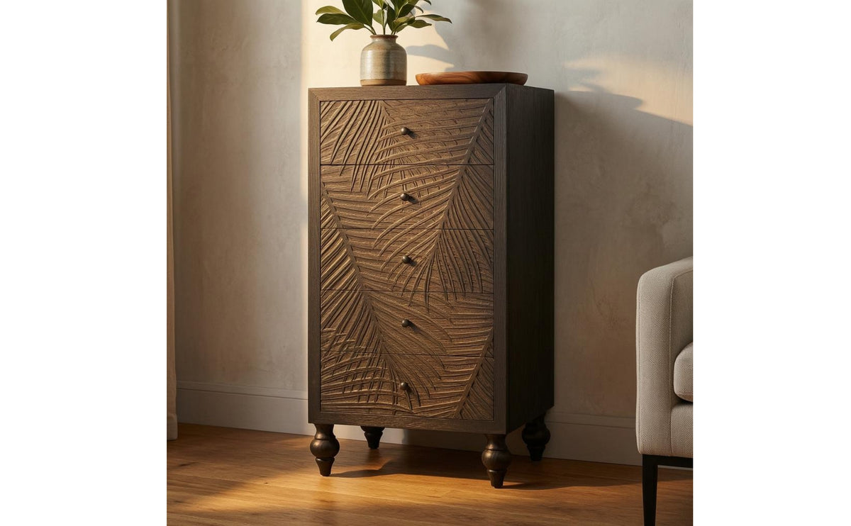 Leaf Pattern Five-Drawer Cabinet Turned Legs Narrow Storage Cabinet Freestanding