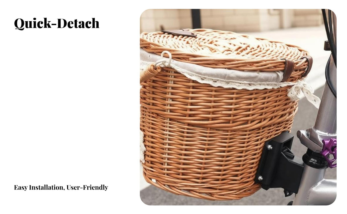Natural Willow Material Wicker Front Cycle Basket Quick Release Detachable Vintage Bike Basket Removable Liner for Picnic