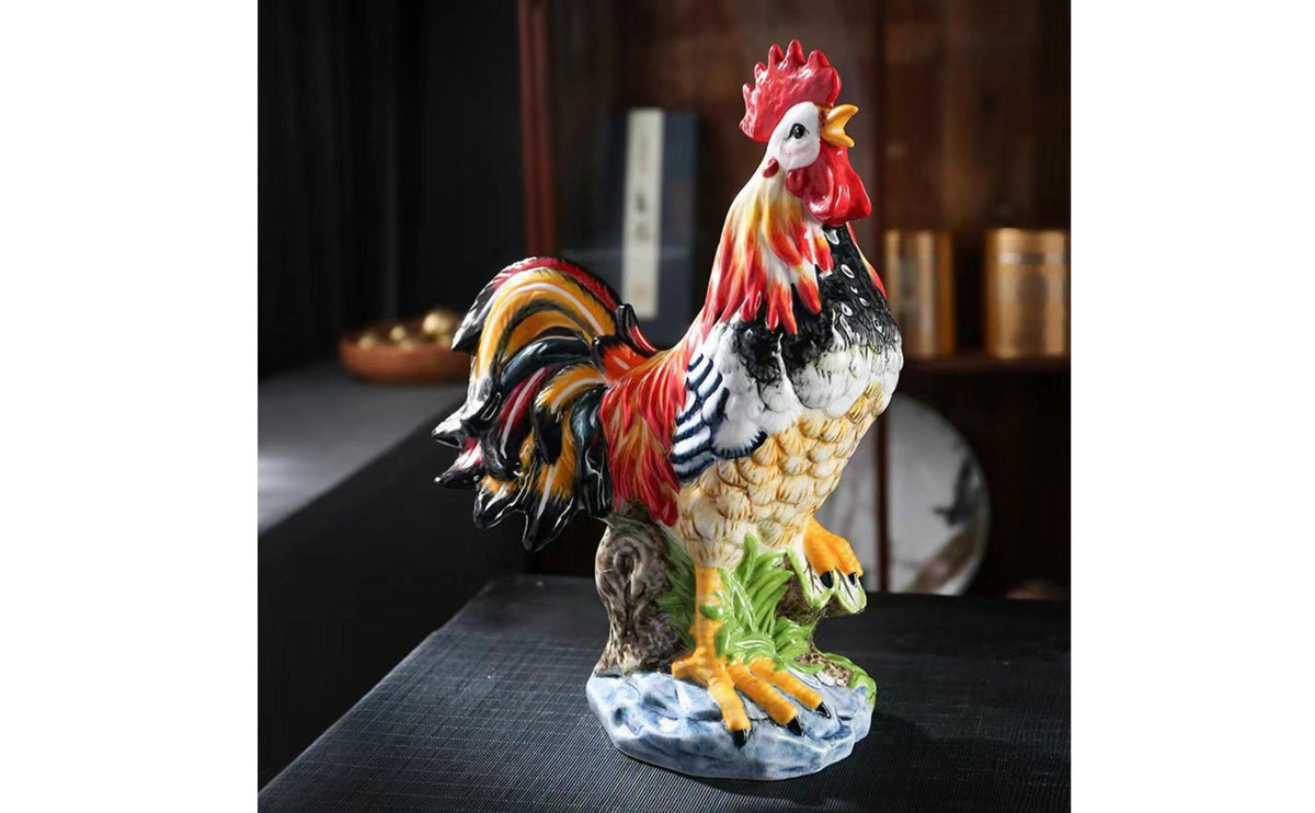 Ceramic Male Chicken Figurine Gift Idea Male Chicken Statue Colorful Statue Decor for Living Room, Beverage Cabinet, Entryway