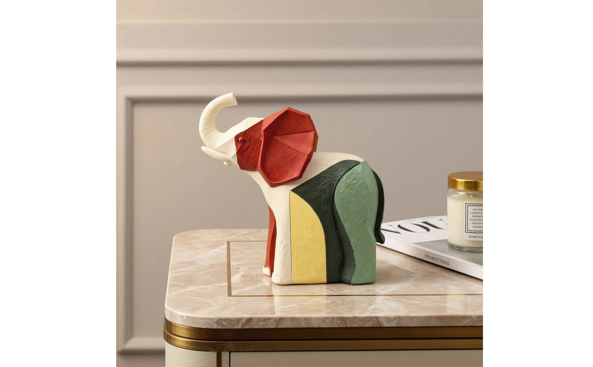 Elephant Statue with Raised Trunk Nordic Style Elephant Sculpture Multicolor Sculpture with Geometric Design for Art Collectors, Living Room, Entryway