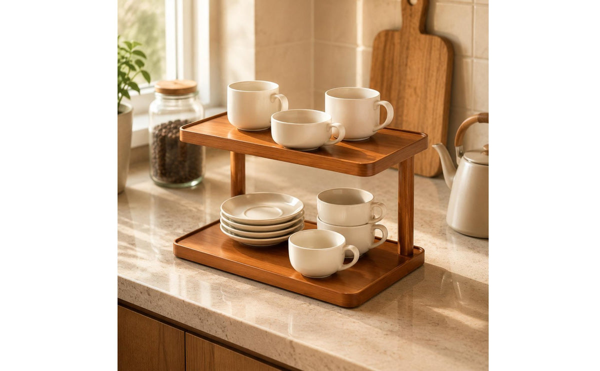 Two-Tier Cup Rack Woodtea-Ware Ware Rack Open-Frame Countertop Display Shelf