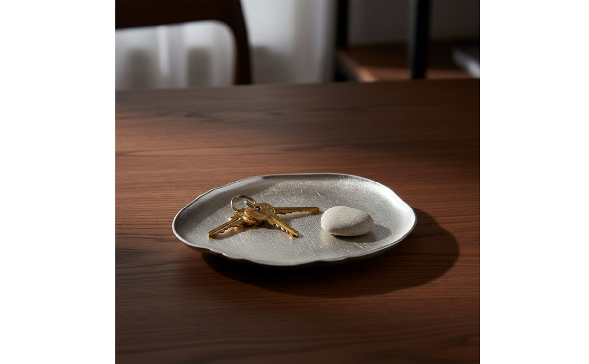 Decorative Tray with Ribbed Surface Brushed Irregular Metal Dish Sculptural Catchall Tray for Vanity