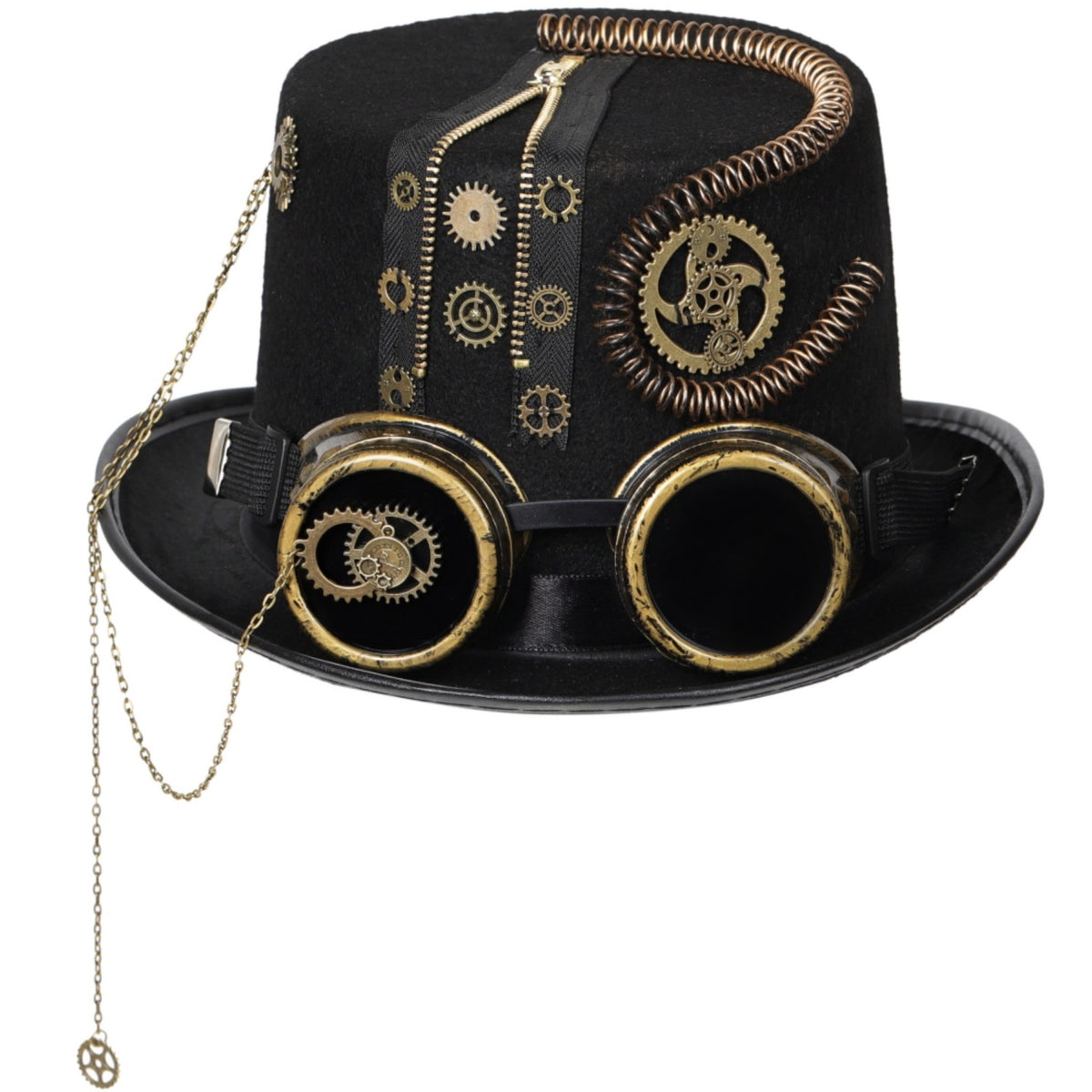 Coiled Tube Detail Steampunk Top Hat Chain Accent Lens Top Hat Zipper Trim Costume Headwear Black