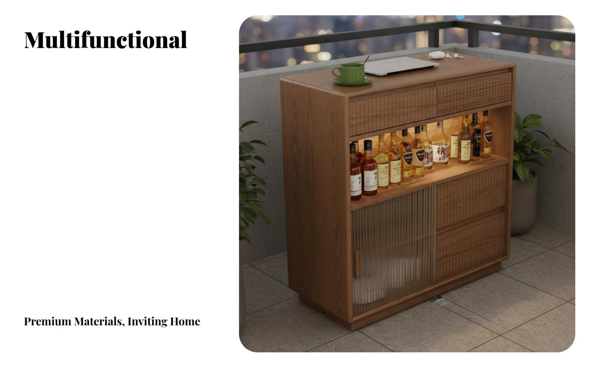 Space-Saving Extendable Bar Table Ample Storage Solid Wood Home Bar Unit Modern Aesthetic Extendable Sideboard Table Adjustable Shelves for Apartment Dwellers, Homeowners, Couples, Small Areas, Balcony, Living Room, Entryway