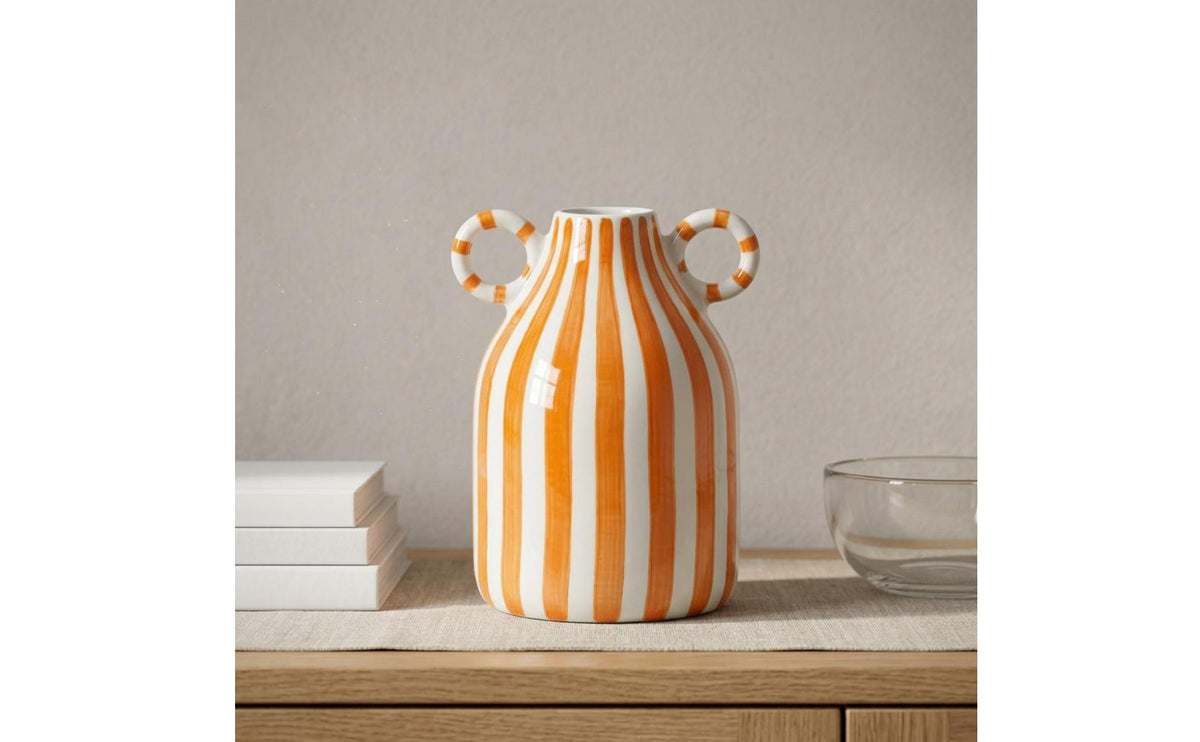 Hand-Painted Handled Ceramic Vase Glazed Striped Ceramic Vase Glossy Flower Holder Narrow-Neck