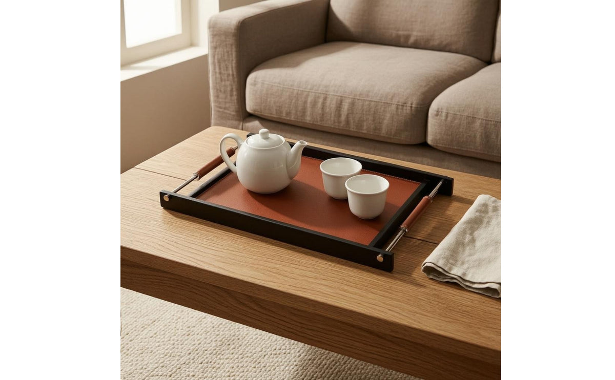 Rectangular Tray Coffee-Colored Leather Tray Black Frame