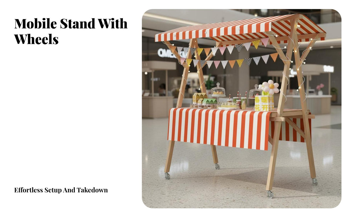 Foldable Market Stall Optional Wheels Wooden Vendor Cart with Canopy Easy In Stand Tion Wooden Merchant Stand with Awning for Craftsmen, Kids