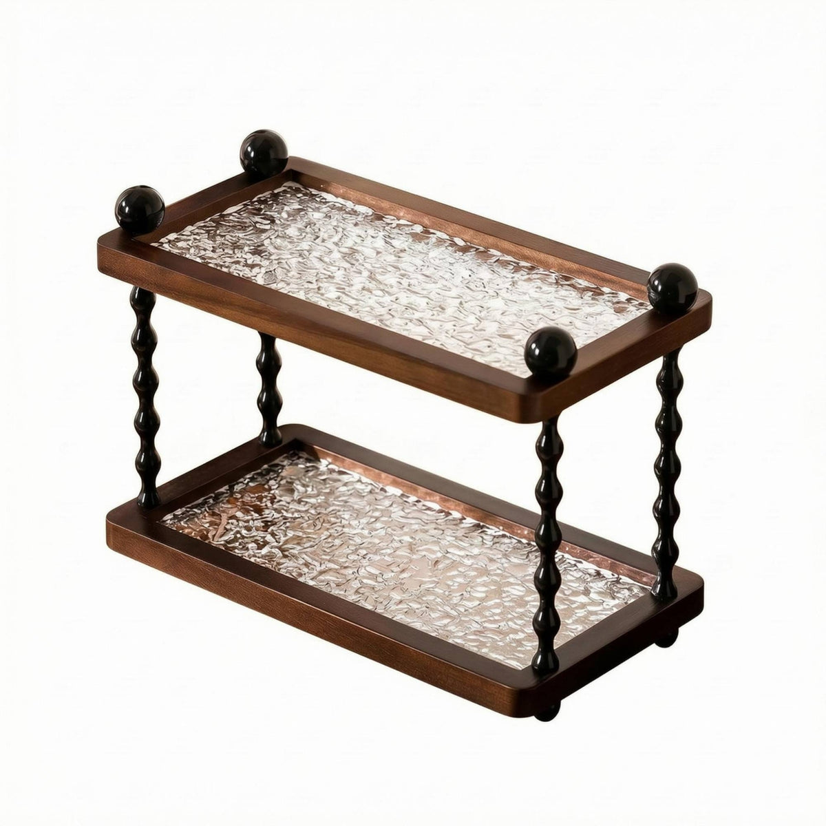 Dark Brown Two-Tier Storage Rack Textured Tabletop Tray Rack Twisted Posts Wooden Tray Organizer Clear for Desk, Vanity, Entryway