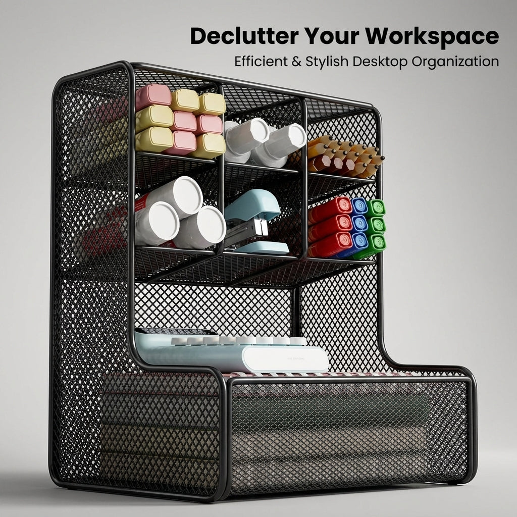 3 Tier Metal Mesh Pen Organiser for Desk, Office Desktop Organizer with Angled Stand, Carbon Steel Workspace Organization
