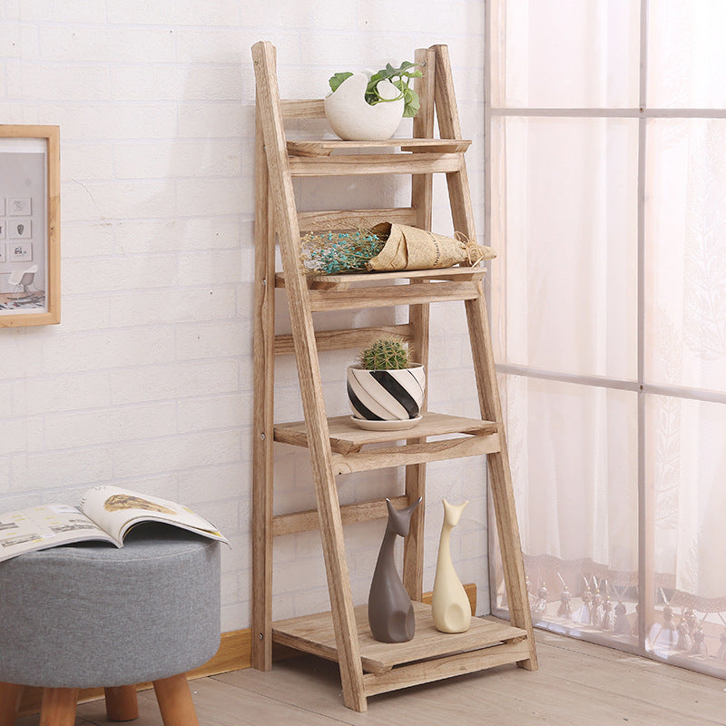 Multi-Tier Wooden Plant Stand Foldable Storage Shelf for Balcony & Living Room