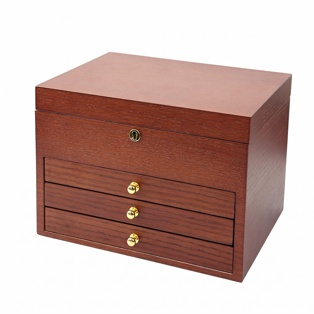 Rosewood Grain Wooden Jewelry Box Lock and Key Lockable Jewelry Box Gold-Tone Pulls Home Storage Hinged Lid