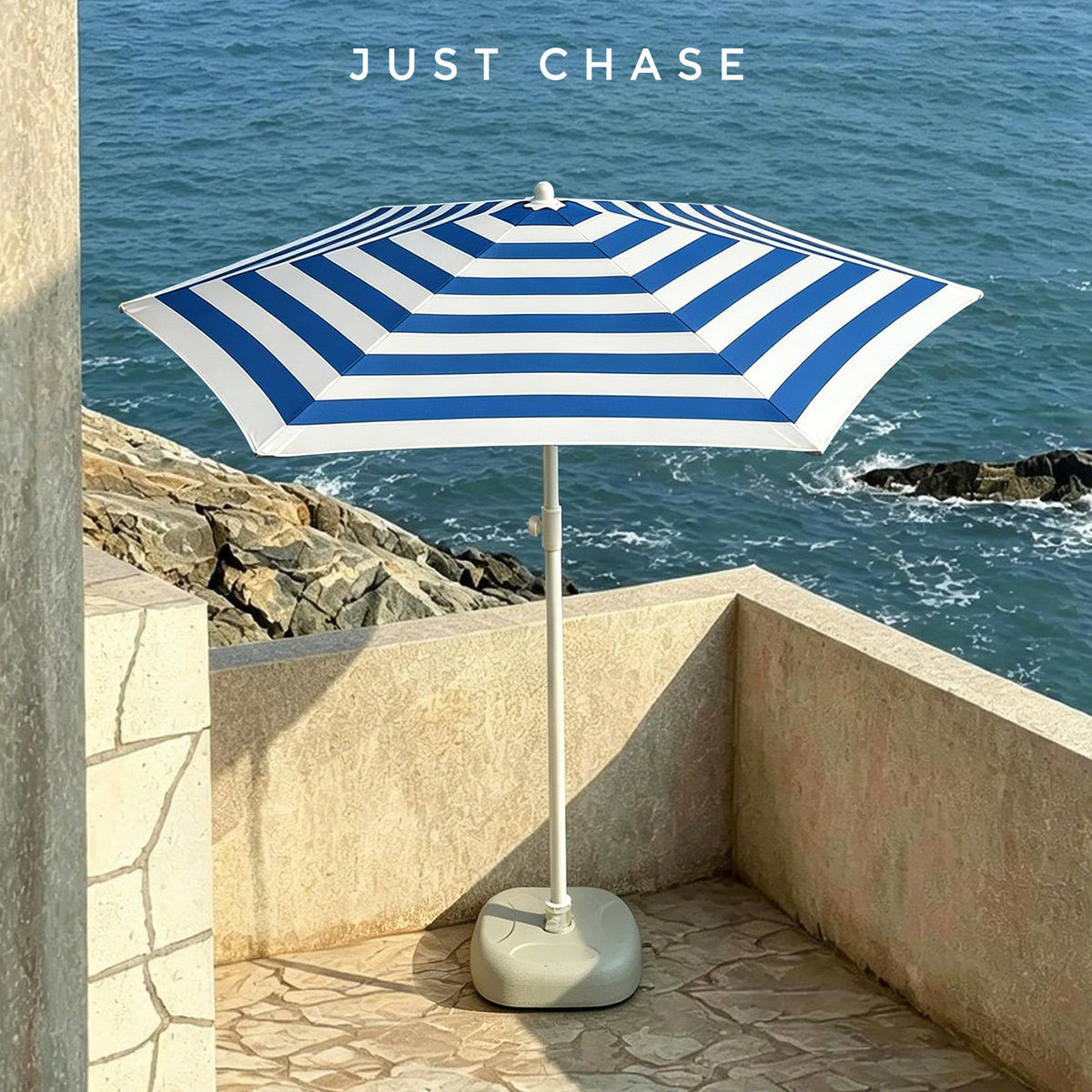 Navy Stripe Outdoor Patio Umbrella with Sand Base