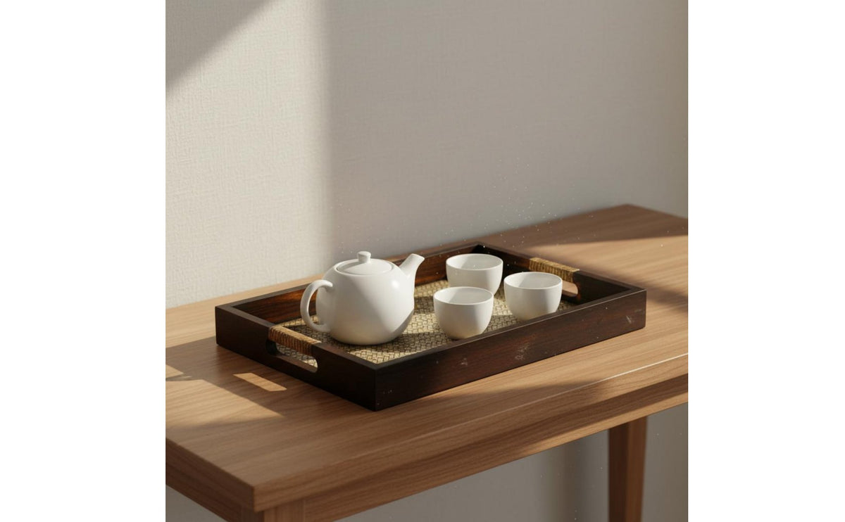 Handwoven Bamboo Tray Retro Design Rattan Tea Tray Natural Wood for Beauty Salon