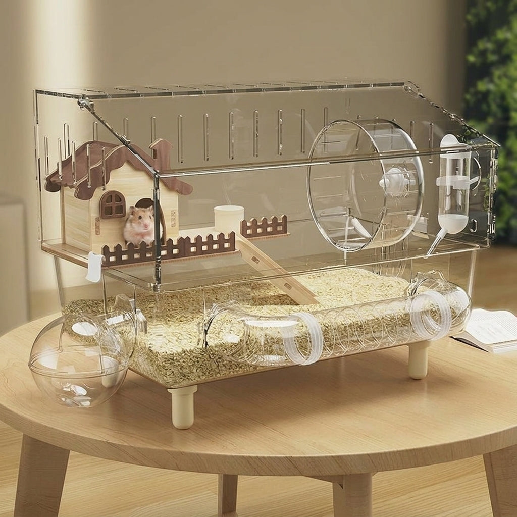 Acrylic Hamster Cage with Hamster Tunnel, Clear Hamster Cage 45cm for Dwarf Rodents, 360 Viewing Habitat with Removable Tray and 9 Accessories