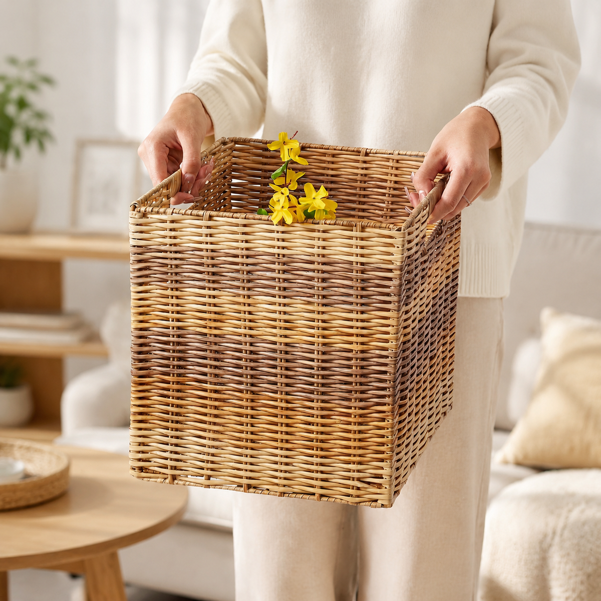 Nordic Style Handwoven Storage Basket 32x28x30cm Foldable with Handle Toy Laundry Basket