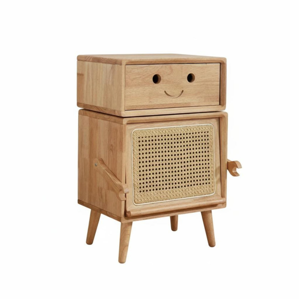 Rattan Drawer Front Robot-Shaped Side Table Space-Saving Design Multi-Compartment Side Cabinet space-efficient Size Nightstand adaptable Use for Children, Families, Homeowners, kid's Room, Playroom, Home Office, Entryway