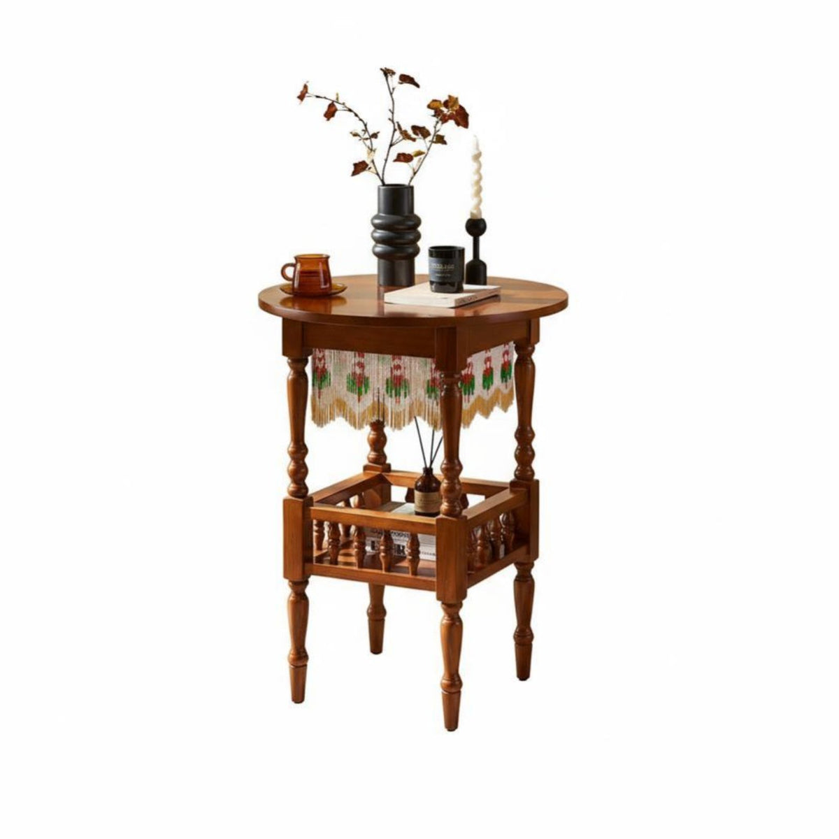 French designd circular table with Beaded Curtain Vintage design Round Sofa Table Multi-Functional Nightstand Space-Saving Design for Apartment Dwellers, homeowners, Interior Decorators, Living Room, Bedroom, Small areas, Balcony