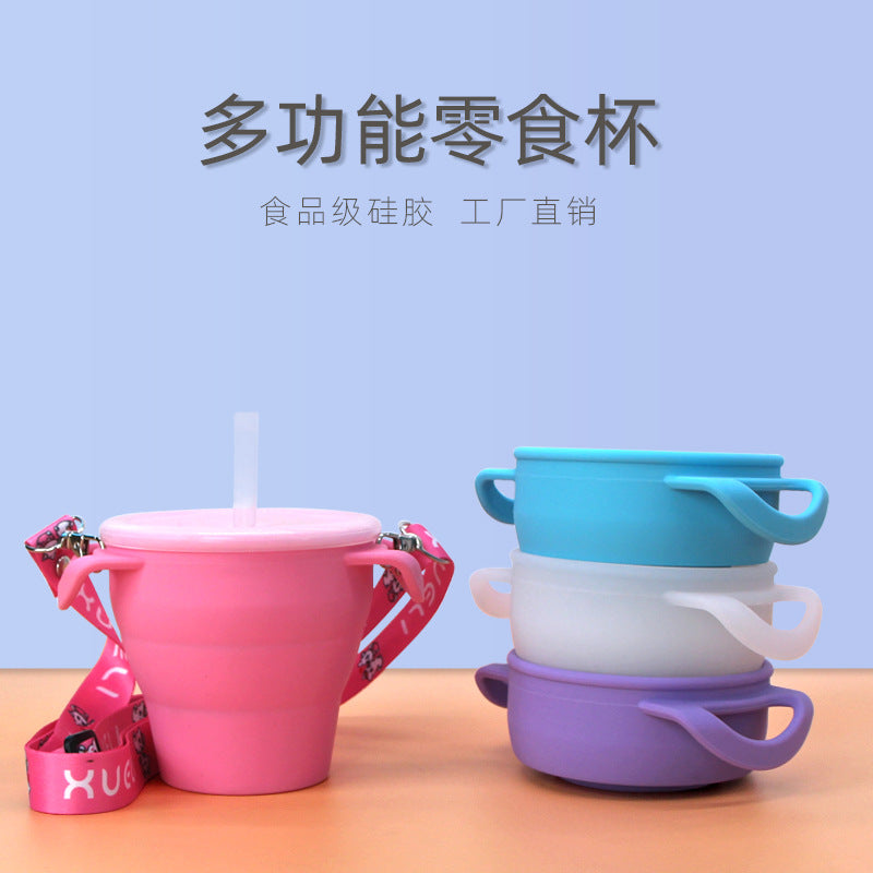 Collapsible Silicone Snack & Straw Cup for Kids, Portable Outdoor Travel Storage Cup