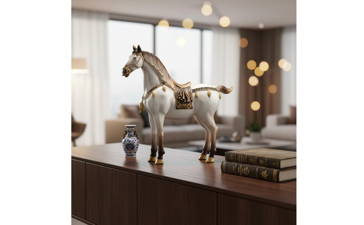 Auspicious Horse Sculpture Good Luck Gift Home Decor Gold Accents for Office