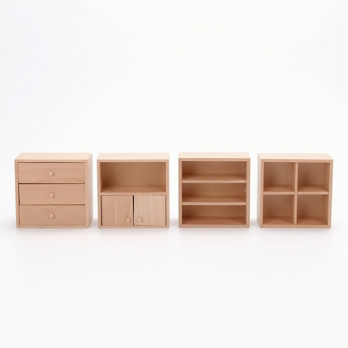 4 Pieces 1:12 Scale Dollhouse Cabinet with Drawers Unfinished Miniature Cabinet DIY Miniature Shelving Paintable for Crafters, Hobbyists, Collectors