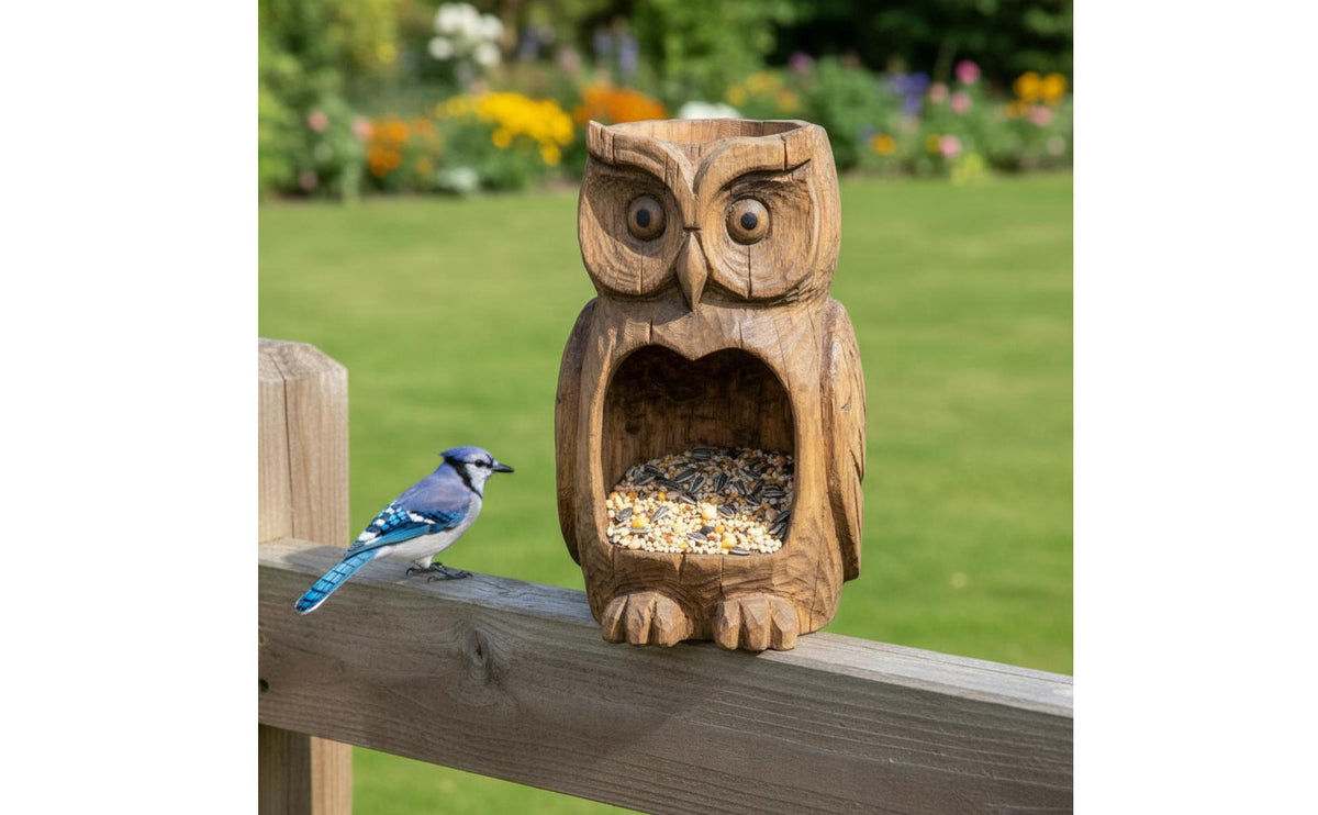 Carved Owl Bird Feeder Multi-Functional Design Rustic Owl Sculpture Feeder Garden Decoration for Gardeners, Yard