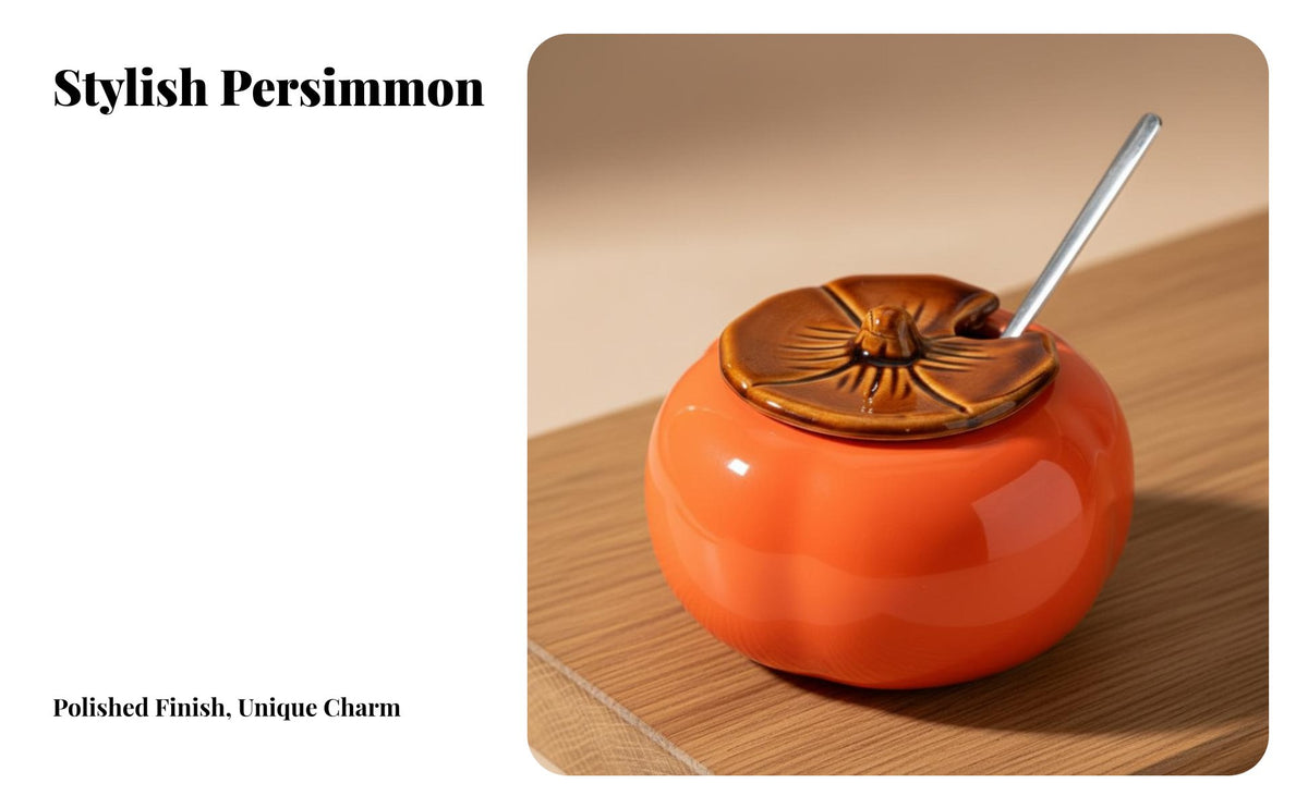 Persimmon Seasoning Container Decorative Ceramic Seasoning Pot Including Spoon Versatile Persimmon Spice Container for Home Cooks, Foodies, Pantry