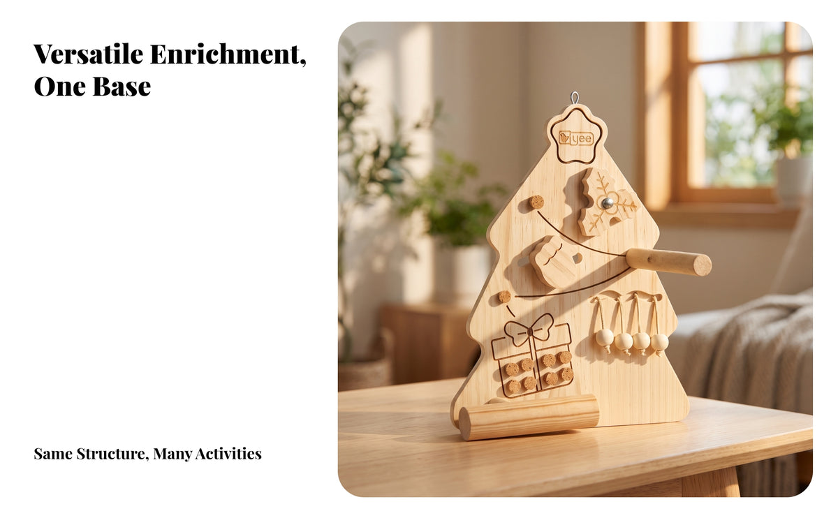 Wooden Activity Board with Perch | Rotating Snowflake Piece, Parrot play panel with Cork