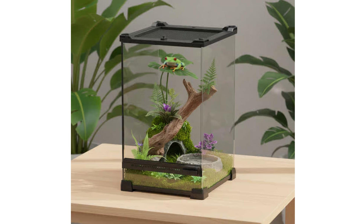 Front Opening Pet Enclosure High Clearness Glass Pet Terrarium Amphibian Glass Enclosure Ventilated Mesh Top for Paludarium