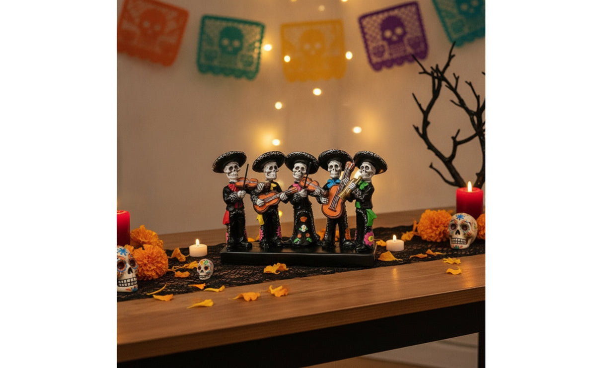 Mariachi Skeleton Figurine Halloween Skeleton Band Members Figurine Decorative Tabletop Decor for Collectors, Hosts, Day of the Dead, Mantel, Party
