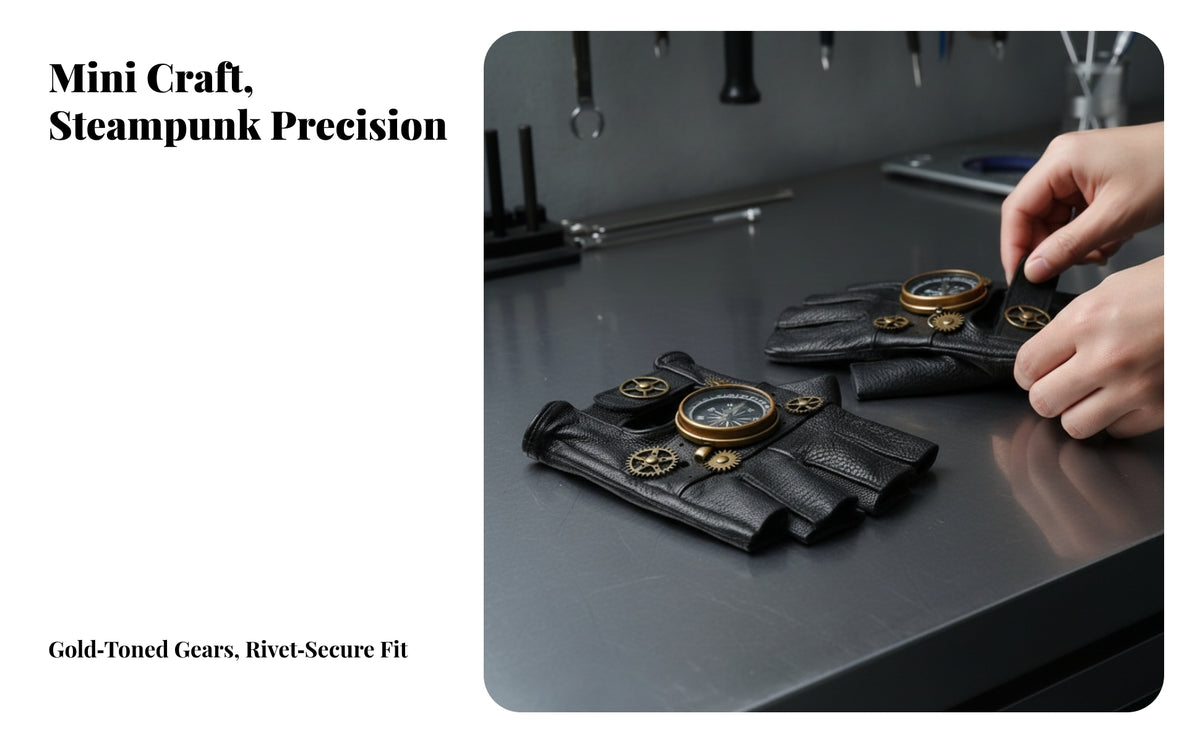 Gold-Tone Gear Details Steampunk Fingerless Gloves Compass Dial Black Leather Fingerless Gloves Textured Finish