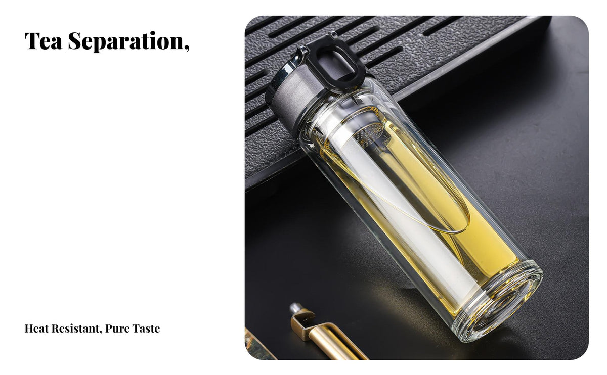 Anti-Scald Glass Tea Infuser Bottle Leak-Proof Double Wall Glass Tea Bottle Leakproof for Commuters, Office Workers, Car, On the Go, Home