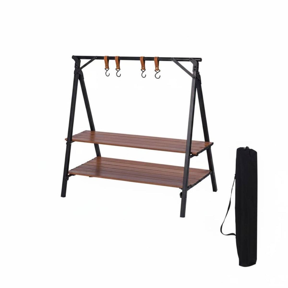 Wooden Two-Tier Shelf Sturdy Camp Storage Rack Lightweight Portable Wooden Rack for Car Travel
