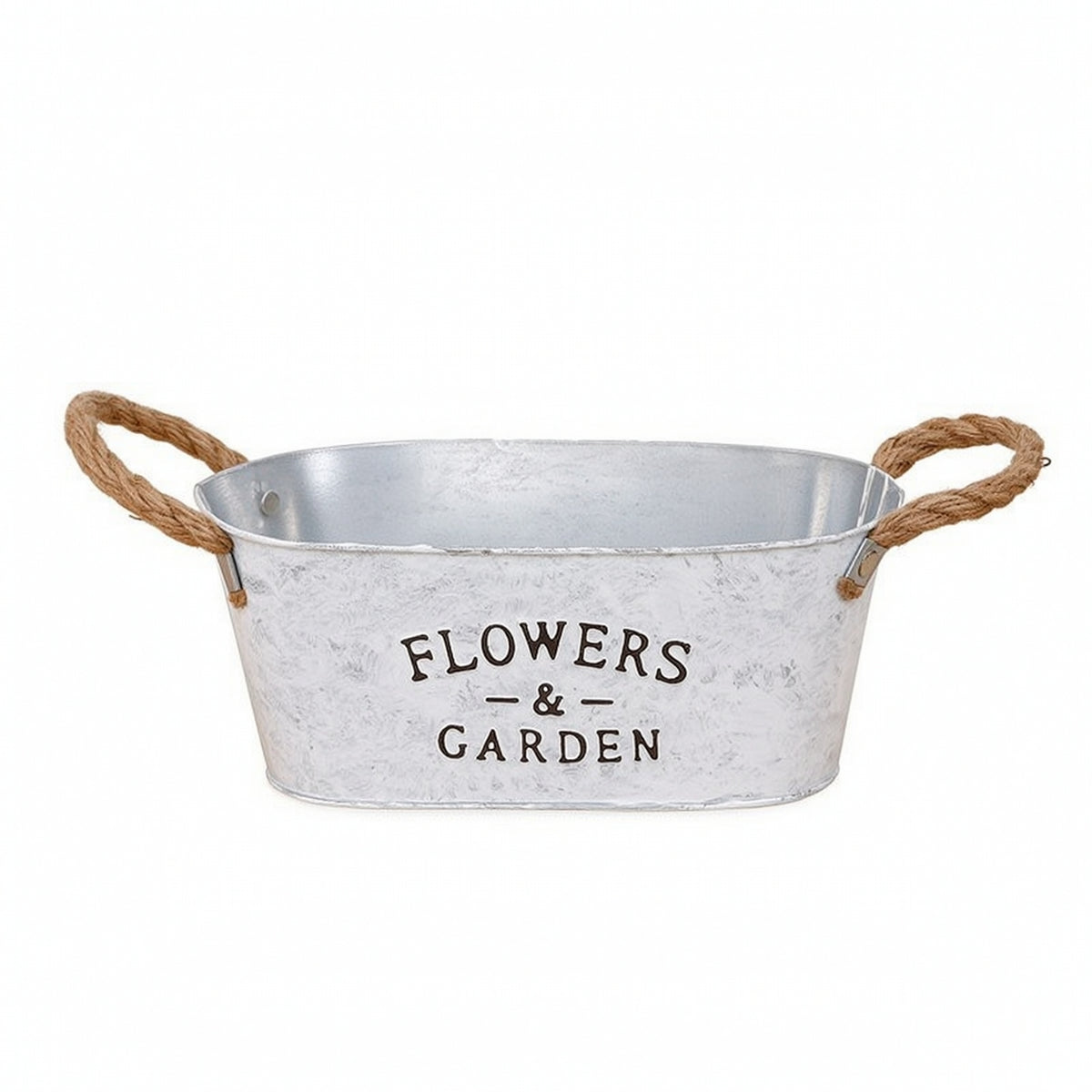 Whitewashed Oval Planter with Handles Galvanized Planter with Rope Handles Decorative Metal Flower Container Multipurpose for Windowsill