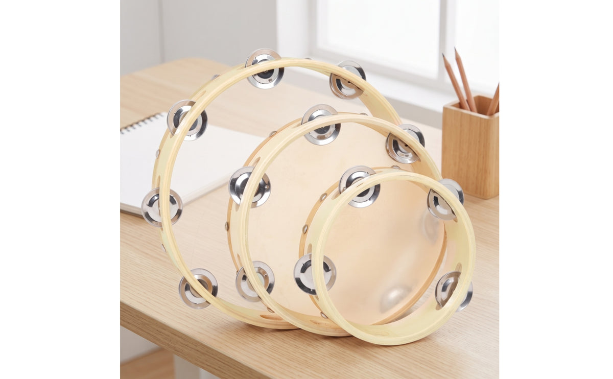 3 Pieces Tambourine Wooden Tambourine with Metal Jingling Discs Lightweight Hand Drum for Preschoolers, Young Children, Classroom, Preschool, Home