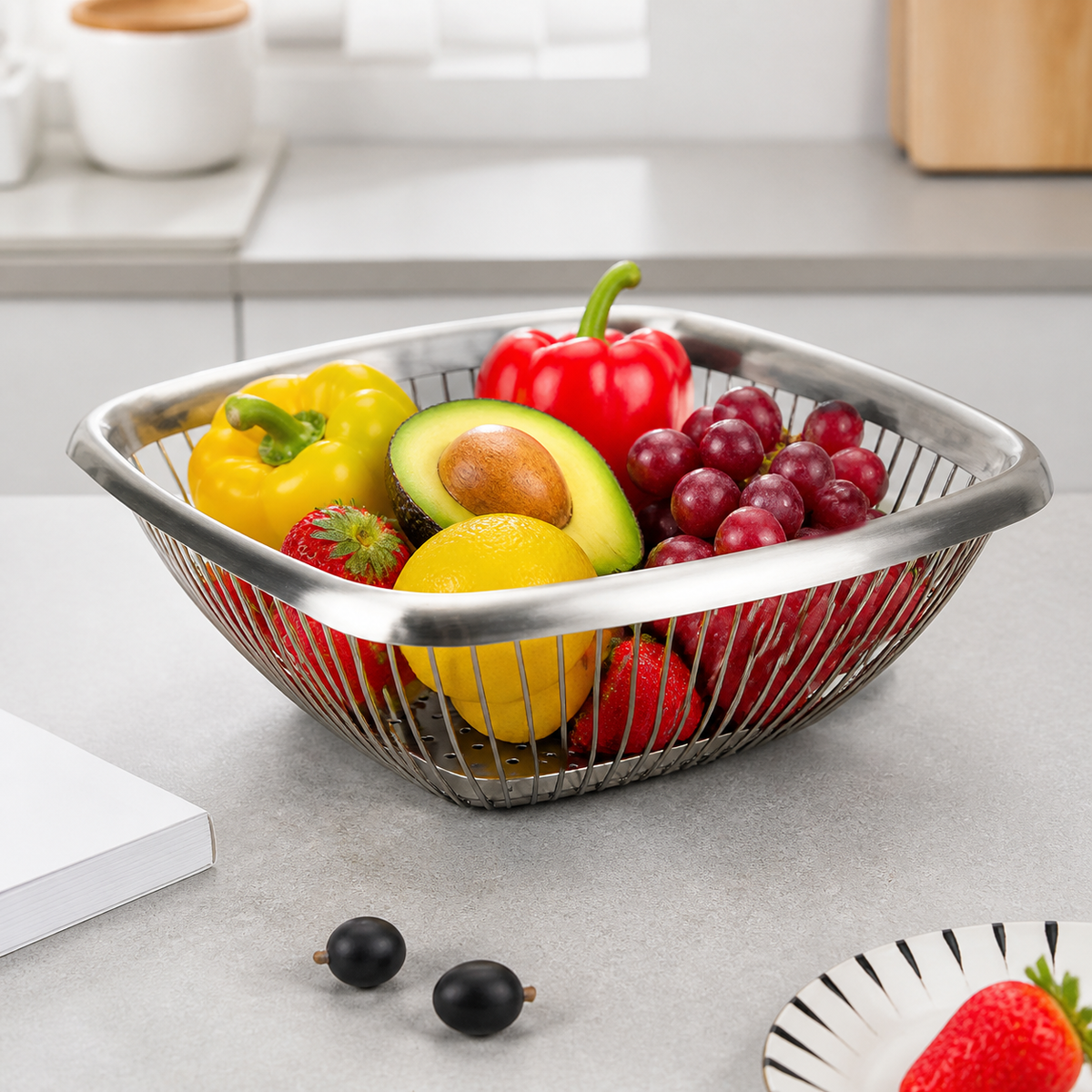 Fruit Bowl, 304 Stainless Steel Wire Basket, Square Brushed Steel Fruit Bowl for Kitchen Counter, Minimalist Design