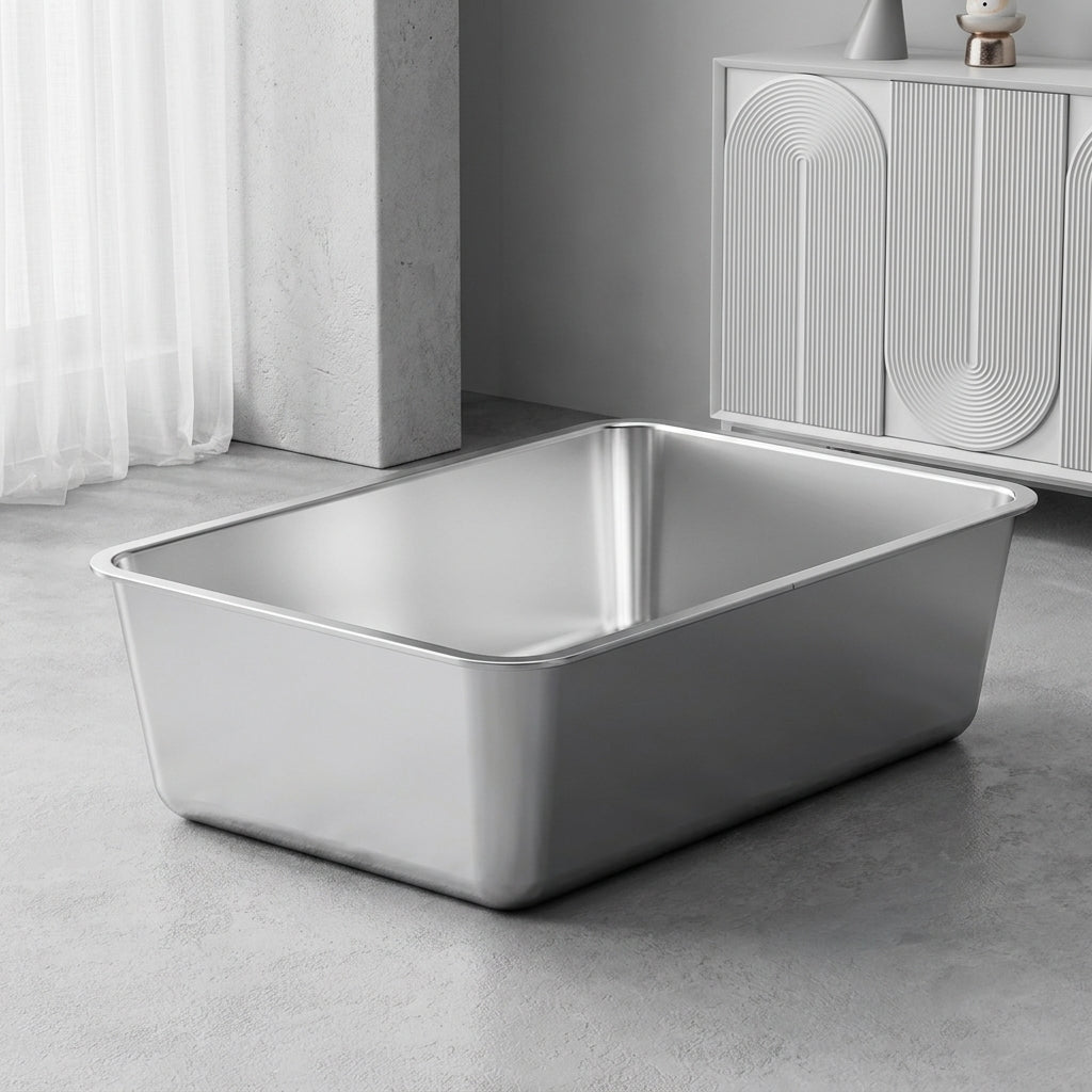 Cat Toilet and Open Top Stainless Steel Tray, Square Structure Indoor Pan for Large Cats and Young Felines Anti Leakage Design